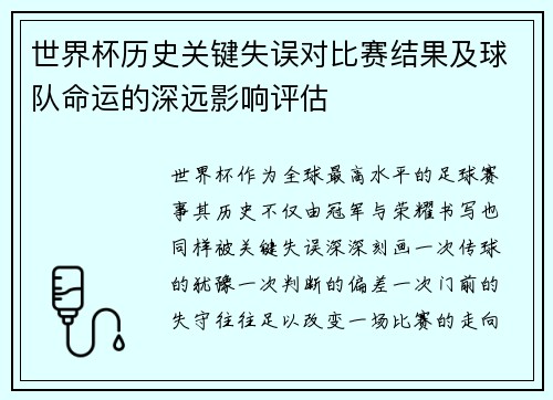 世界杯历史关键失误对比赛结果及球队命运的深远影响评估